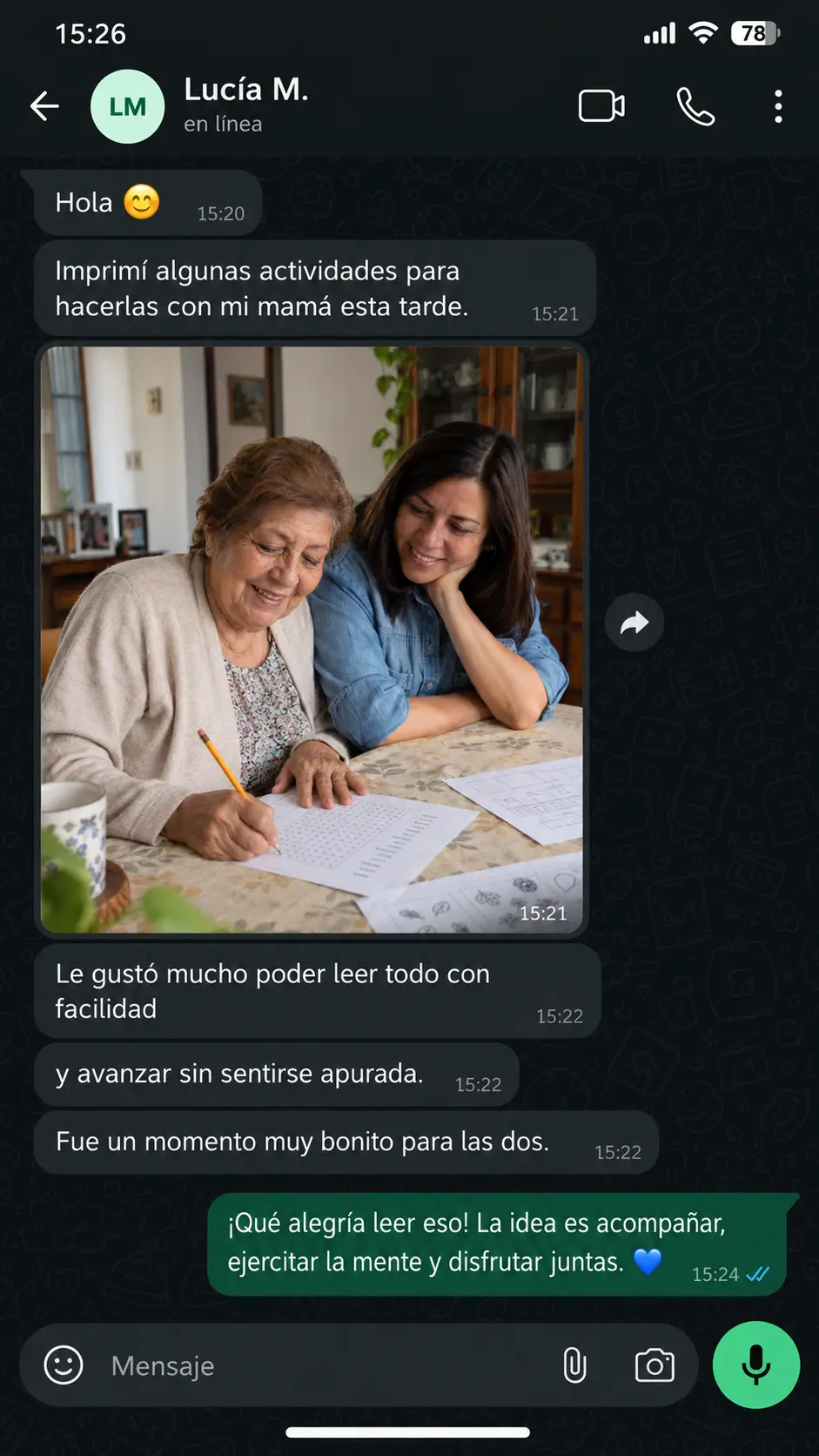 Depoimento de Lucía sobre as atividades do Mente Ágil com sua mãe
